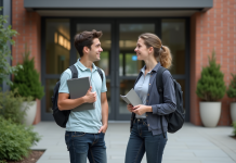 Jeune lyceen discutant avec une camarade devant une école moderne