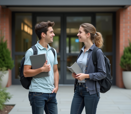 Découvrez l’équivalent d’un bac pro dans le système scolaire : info utile Jeune lyceen discutant avec une camarade devant une école moderne