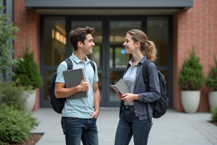 Jeune lyceen discutant avec une camarade devant une école moderne