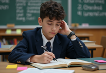 Exemples pratiques de figures de style pour le bac de français Jeune lyceen en uniforme en classe avec livres et notes