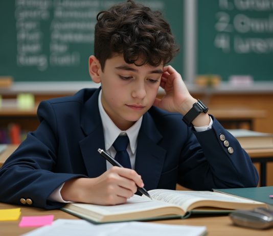 Exemples pratiques de figures de style pour le bac de français Jeune lyceen en uniforme en classe avec livres et notes