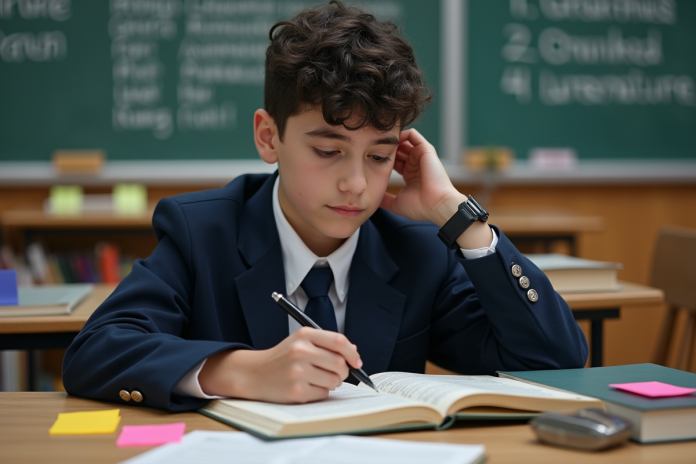 jeune-lyceen-livre-litterature Jeune lyceen en uniforme en classe avec livres et notes