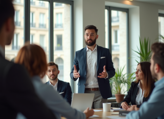 Quels débouchés après une école de communication à Paris ? Jeune professionnel confiant donnant une présentation à Paris