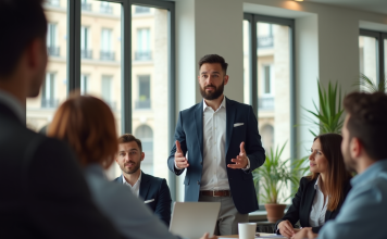 Quels débouchés après une école de communication à Paris ? Jeune professionnel confiant donnant une présentation à Paris