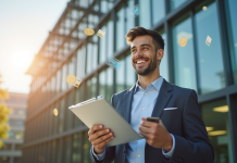 Jeune professionnel confiant avec un clipboard devant un bâtiment moderne