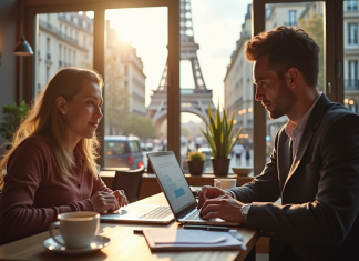 Jeune femme et homme travaillant dans un café parisien lumineux