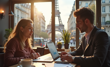 Jeune femme et homme travaillant dans un café parisien lumineux