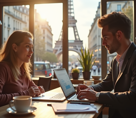 Jeune femme et homme travaillant dans un café parisien lumineux