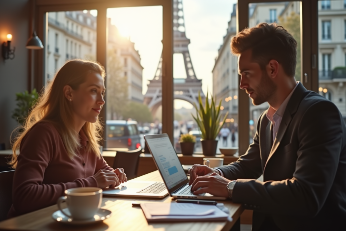 Jeune femme et homme travaillant dans un café parisien lumineux