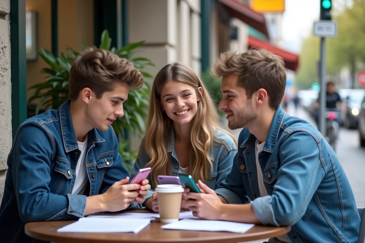 Trois adolescents discutant autour d un café en ville pour l etude