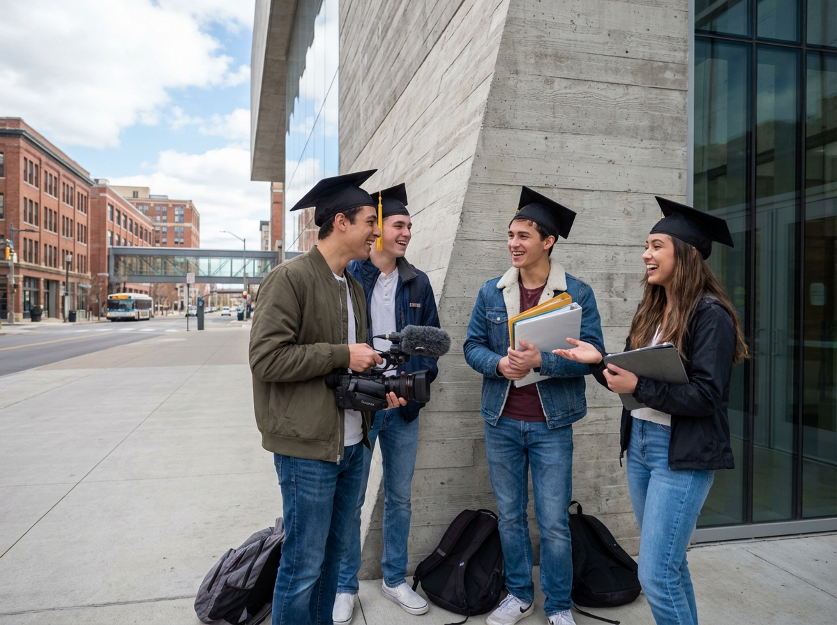 Groupe de jeunes diplômés devant centre media créatif