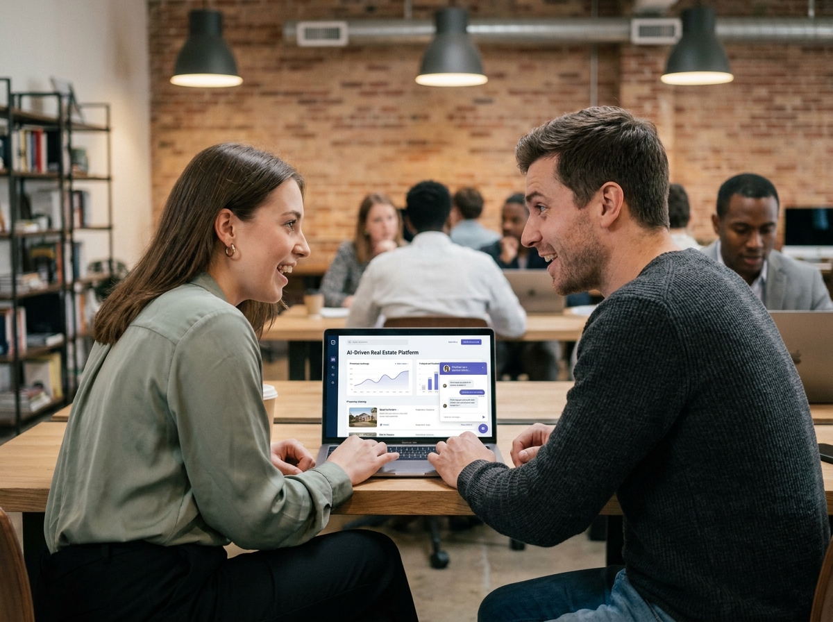 Deux jeunes professionnels de l'immobilier collaborant autour d'une plateforme IA de matching immobilier dans un espace de coworking moderne
