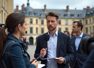 Comment se lancer dans le journalisme politique en France ? Jeune journaliste interviewant un politicien devant l assemblee nationale