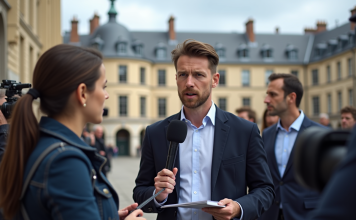 Comment se lancer dans le journalisme politique en France ? Jeune journaliste interviewant un politicien devant l assemblee nationale
