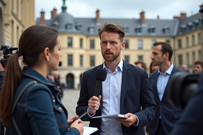 Jeune journaliste interviewant un politicien devant l assemblee nationale