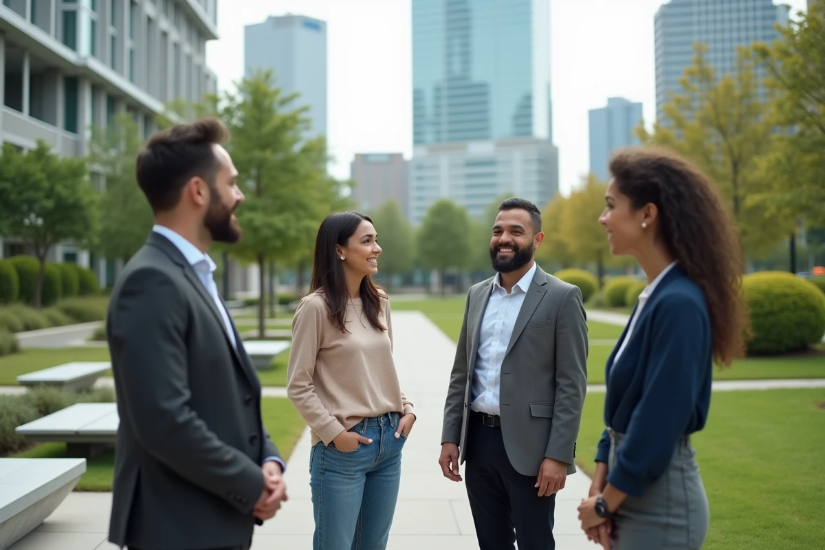 Quatre personnes en extérieur discutant dans un parc urbain