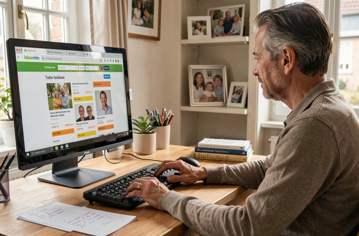 Une personne en Essonne consulte les annonces de cours particuliers sur Leboncoin depuis son bureau à domicile
