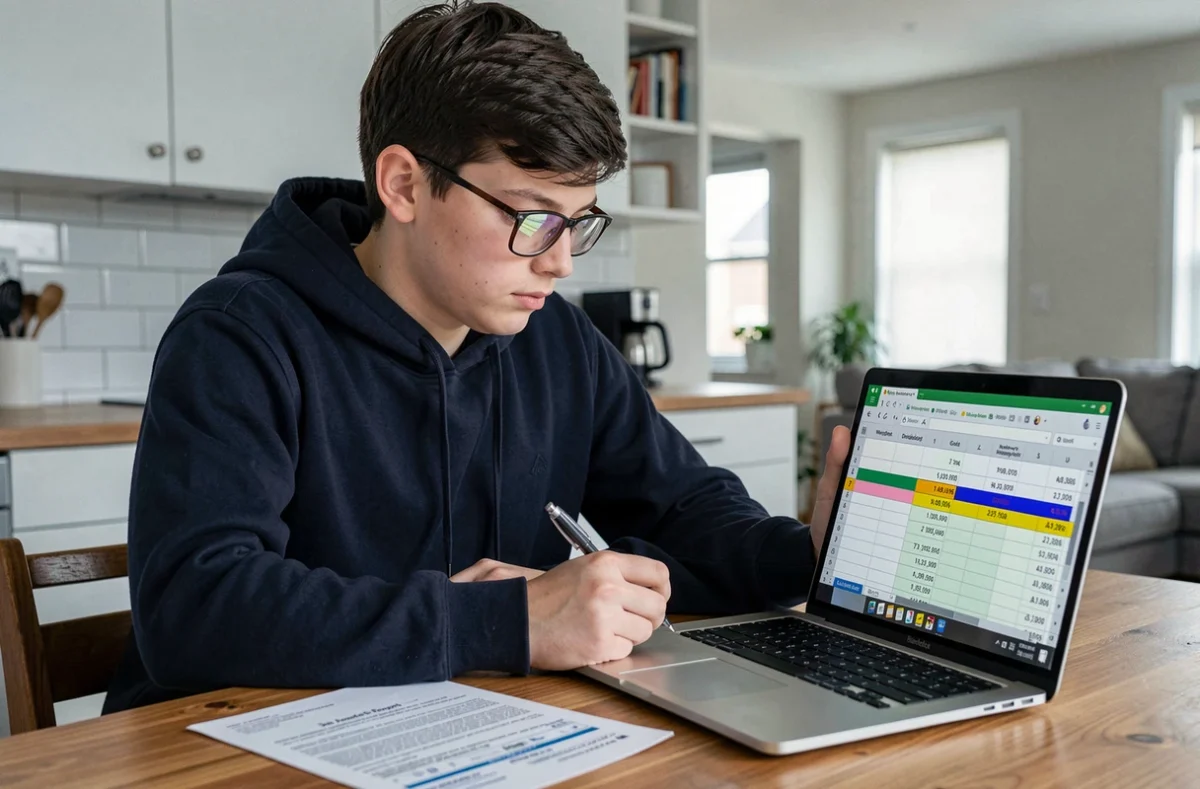 Lycéen consultant un tableau de moyennes pondérées sur ordinateur avec son bulletin scolaire imprimé