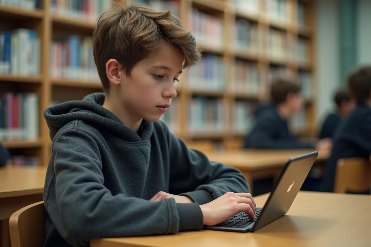 Lycéen utilisant l'ENT Auvergne sur une tablette dans une bibliothèque scolaire