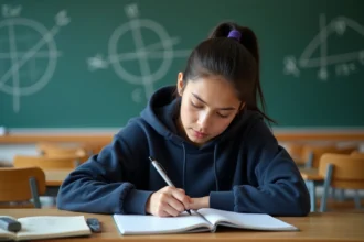 Lycéenne concentrée résolvant des exercices de calcul vectoriel dans un cahier quadrillé en classe