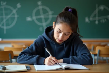 Lycéenne concentrée résolvant des exercices de calcul vectoriel dans un cahier quadrillé en classe