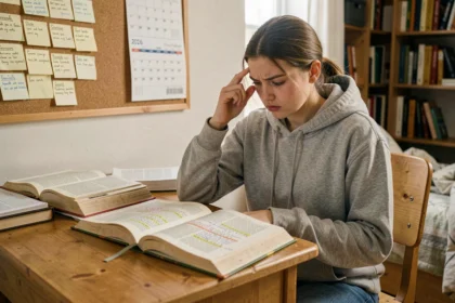 Lycéenne révisant la philosophie pour le bac 2026 avec des livres et fiches de révision sur son bureau