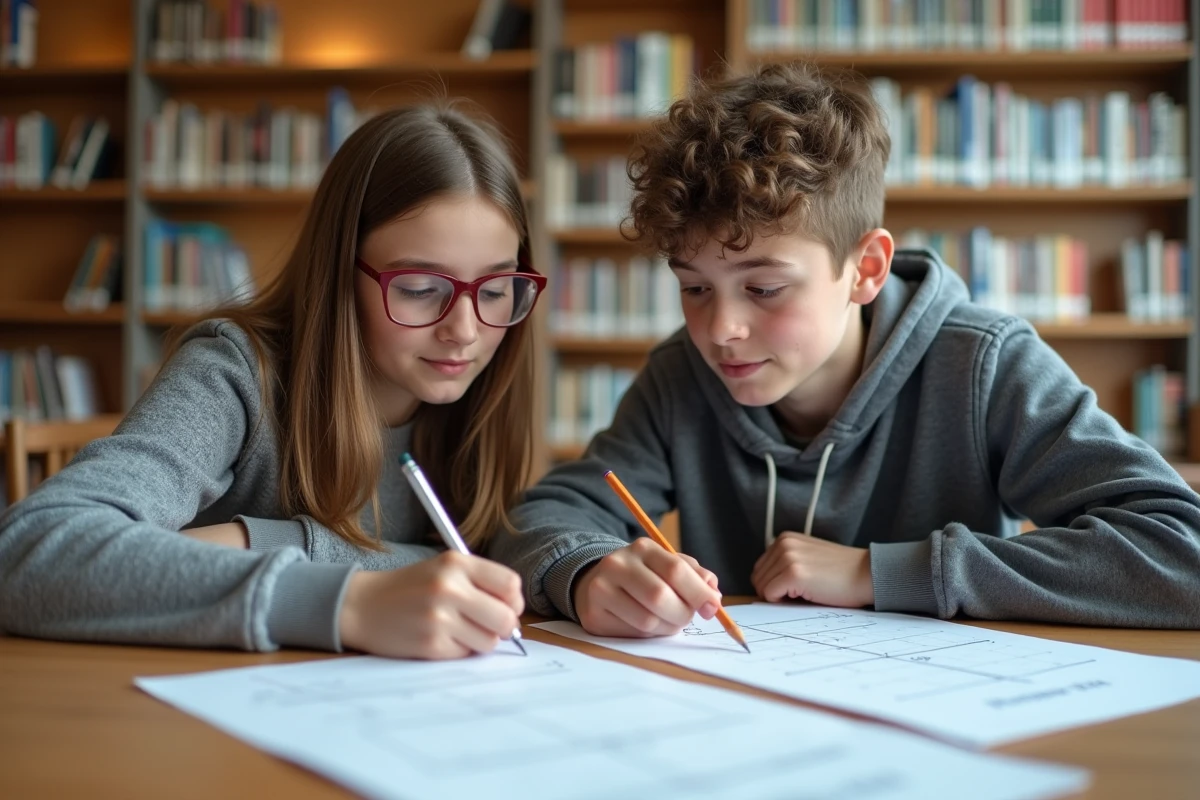 Deux lycéens révisant ensemble des exercices de vecteurs dans une bibliothèque scolaire moderne