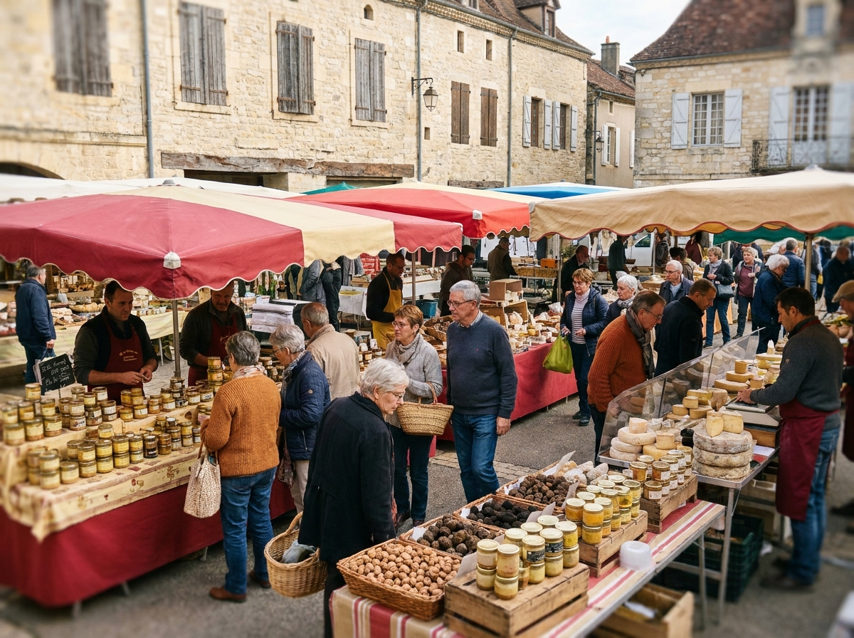 Marché traditionnel du Périgord en Nouvelle-Aquitaine avec produits locaux et bâtiments médiévaux