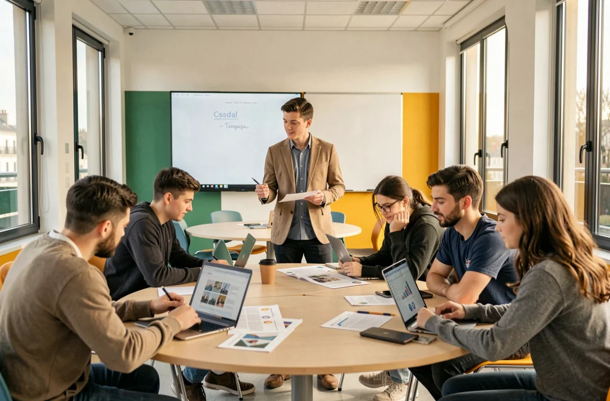 Atelier de marketing collaboratif entre étudiants et formateur dans une salle moderne de MBway Paris Sud