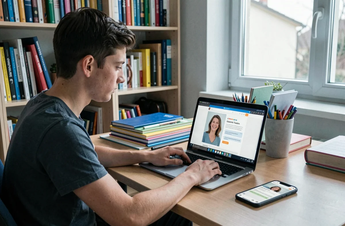 Un lycéen en Essonne recherche un professeur particulier sur la plateforme Mon-Prof.fr depuis son bureau à domicile