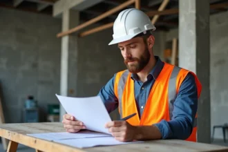 Ouvrier BTP consultant un livret de certification professionnelle sur un chantier de construction