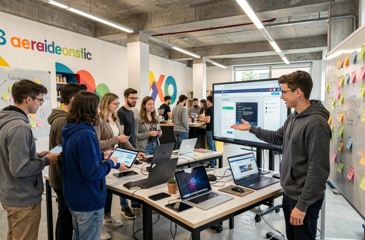 Étudiants en technologie numérique travaillant dans l'espace collaboratif moderne du Paris Ynov Campus