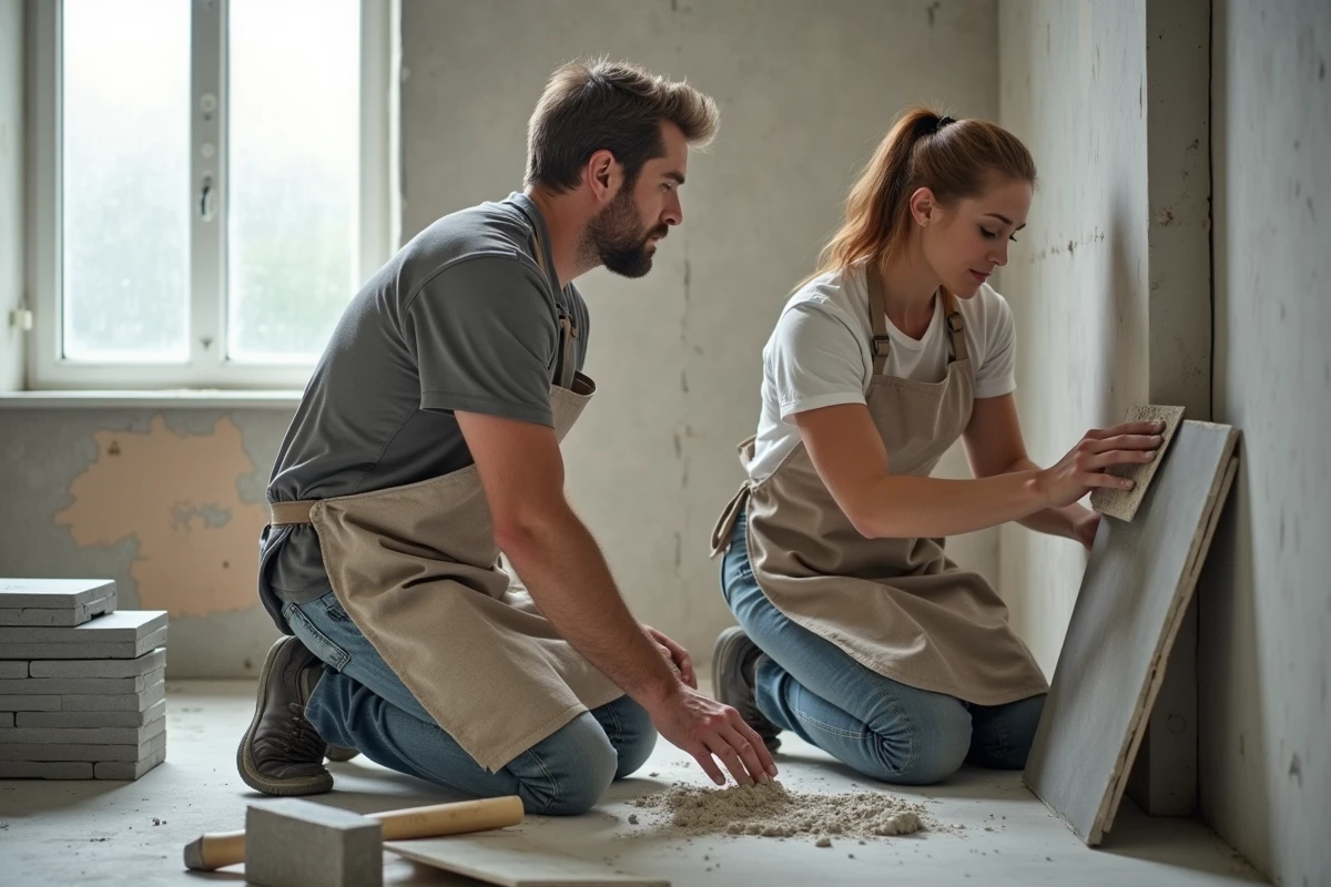 Couple posant des carreaux de céramique dans une salle de bain en rénovation, formation bricolage en duo