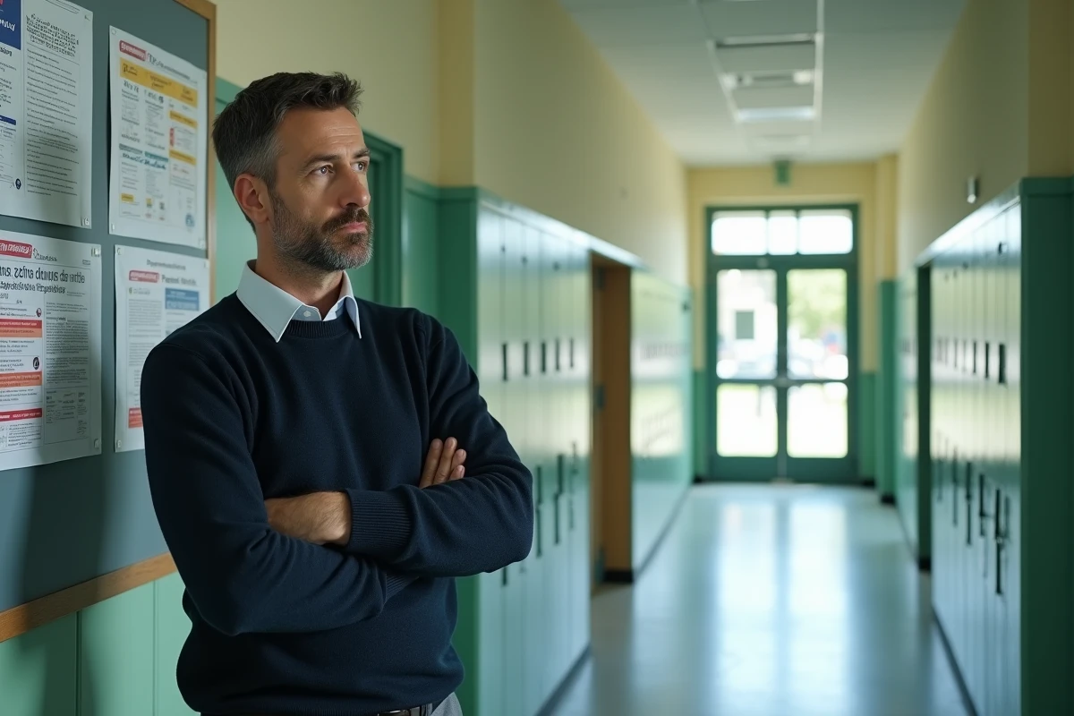 Professeur de collège debout dans un couloir scolaire français, songeur face aux changements liés au Pacte enseignant 2026
