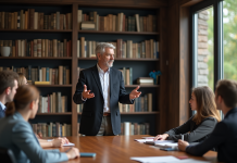 Théorie de l’apprentissage en groupe : qui en est le père ? Professeur en discussion avec étudiants dans une salle moderne