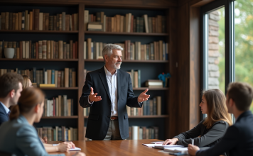 Professeur en discussion avec étudiants dans une salle moderne