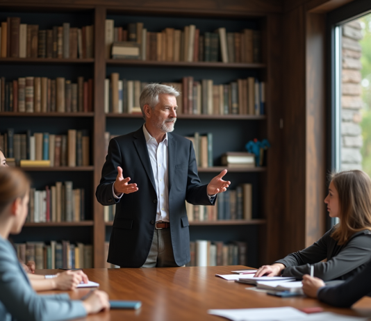 Théorie de l’apprentissage en groupe : qui en est le père ? Professeur en discussion avec étudiants dans une salle moderne