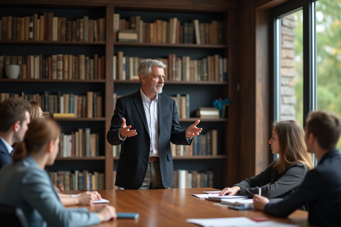 Professeur en discussion avec étudiants dans une salle moderne