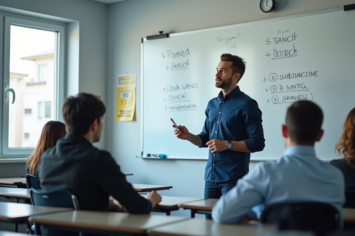 Professeur d'espagnol expliquant le subjonctif imparfait au tableau blanc dans une salle de classe moderne