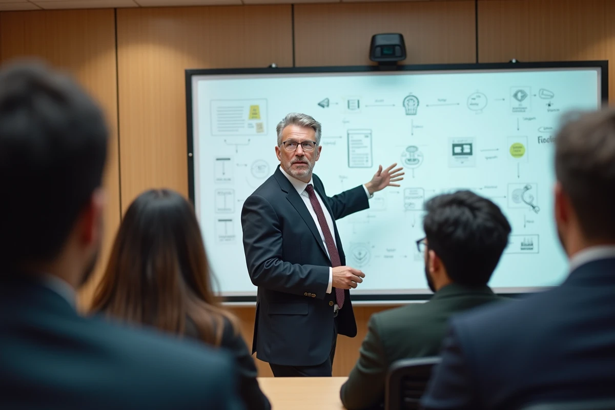 Professeur devant un tableau blanc en cours d