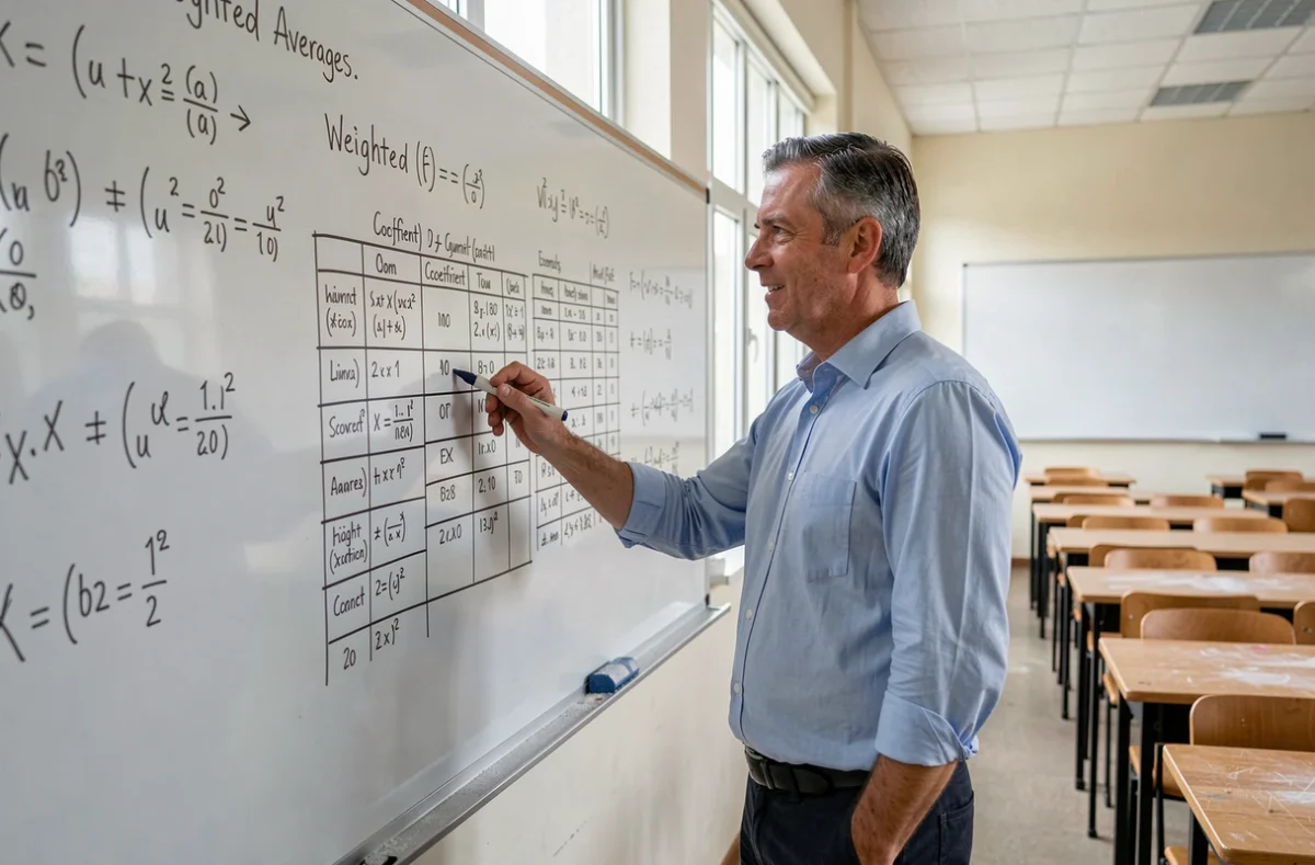Professeur expliquant le calcul de la moyenne avec coefficients au tableau dans une salle de classe