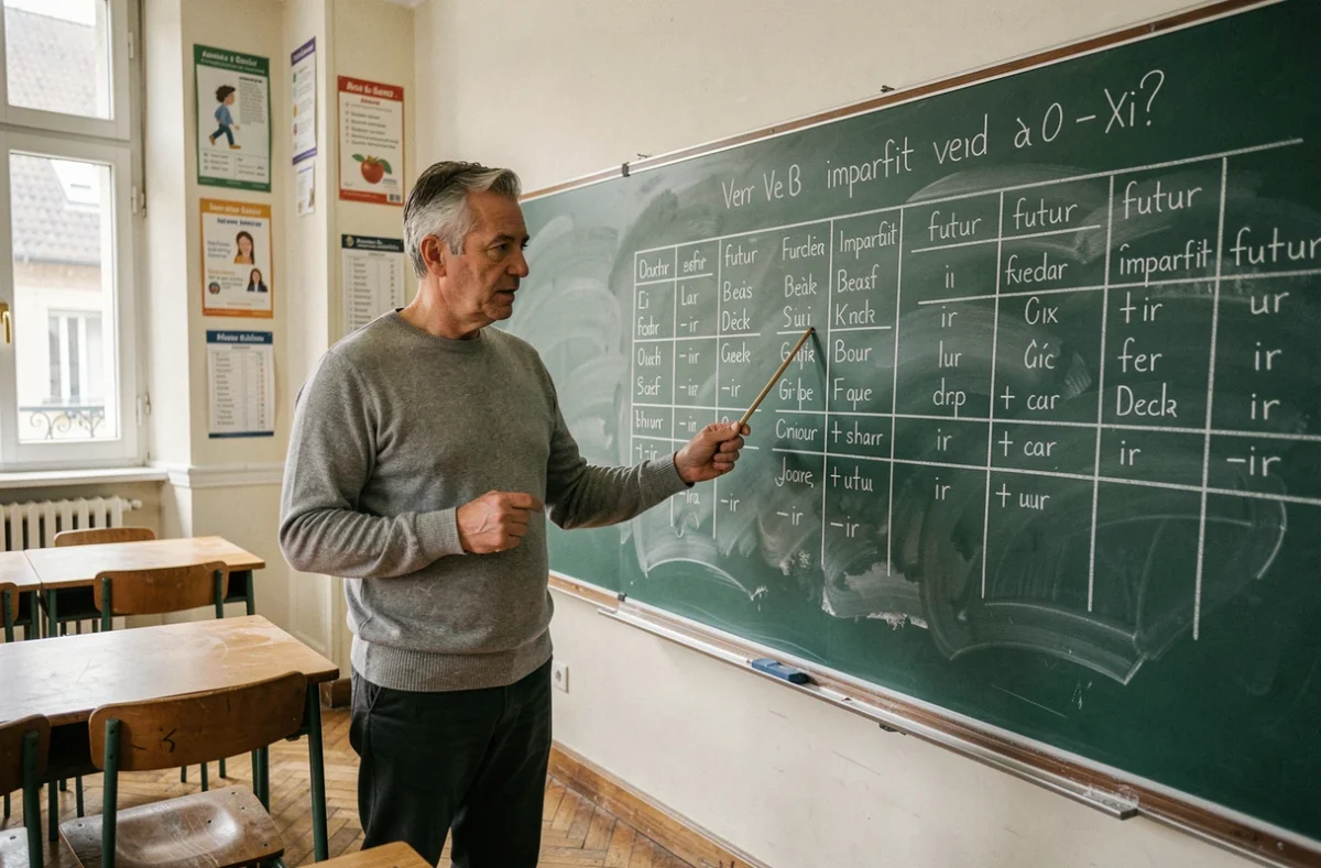 Professeur de français expliquant la conjugaison des verbes en -ir à l'imparfait au tableau de craie en classe