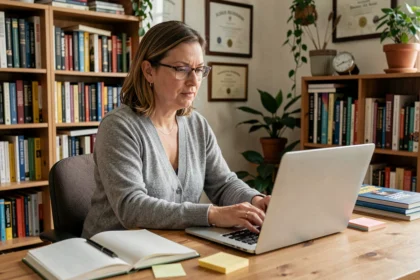 Professeure blogueuse travaillant sur son blog éducatif depuis un bureau à domicile entouré de ressources pédagogiques
