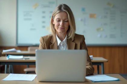 Professeure en classe moderne avec ordinateur et documents
