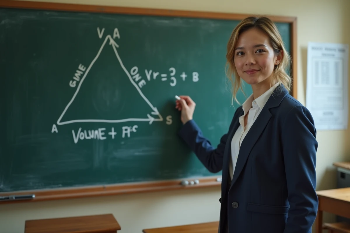 Professeure de mathématiques expliquant au tableau la formule du volume d'une pyramide à base triangulaire avec un schéma annoté