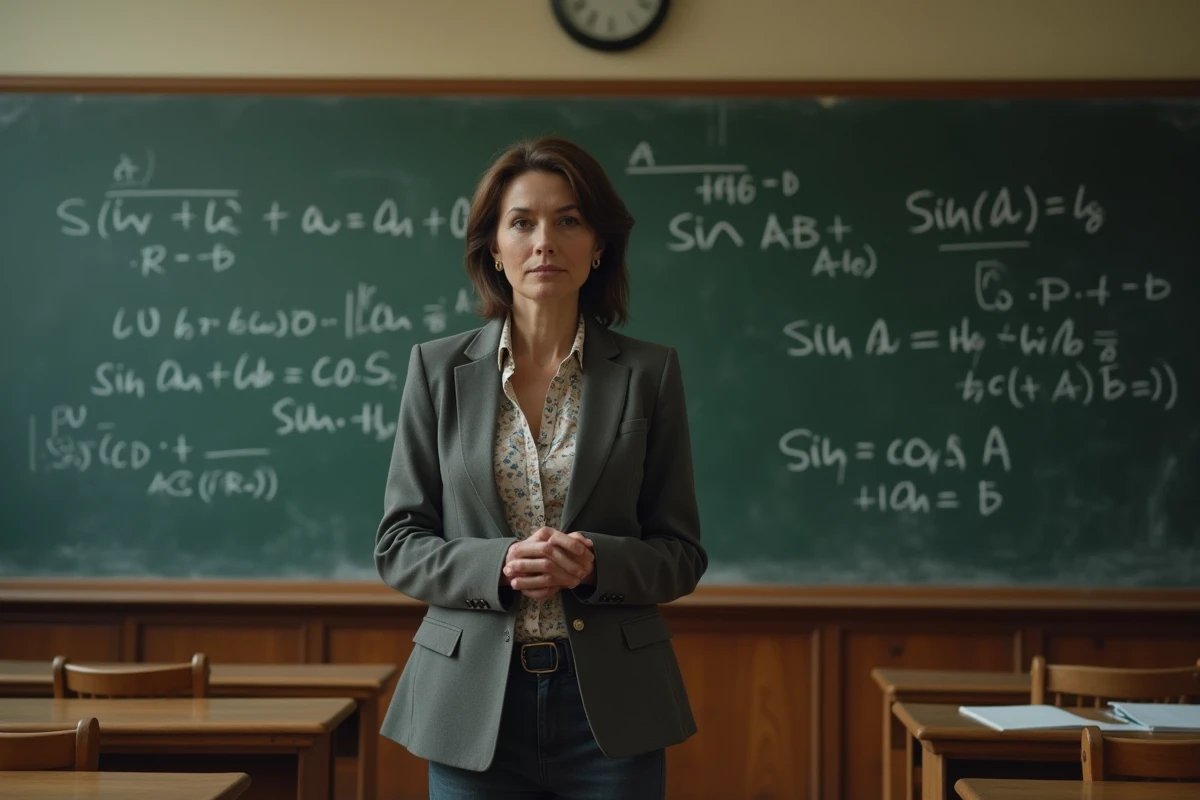 Professeure de mathématiques devant un tableau de formules trigonométriques