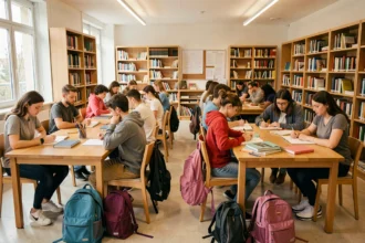 Vue d'ensemble d'un centre de cours particuliers en Essonne avec des élèves de différents âges travaillant avec des professeurs