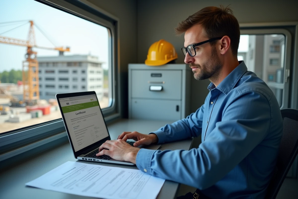 Professionnel du BTP suivant une formation certifiante en ligne depuis un bureau de chantier