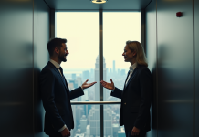 Deux professionnels en ascenseur discutant en milieu urbain