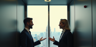Deux professionnels en ascenseur discutant en milieu urbain